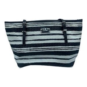 Nine West Tote Shoulder Bag Black White Stripe Zip Pockets Medium Faux Leather